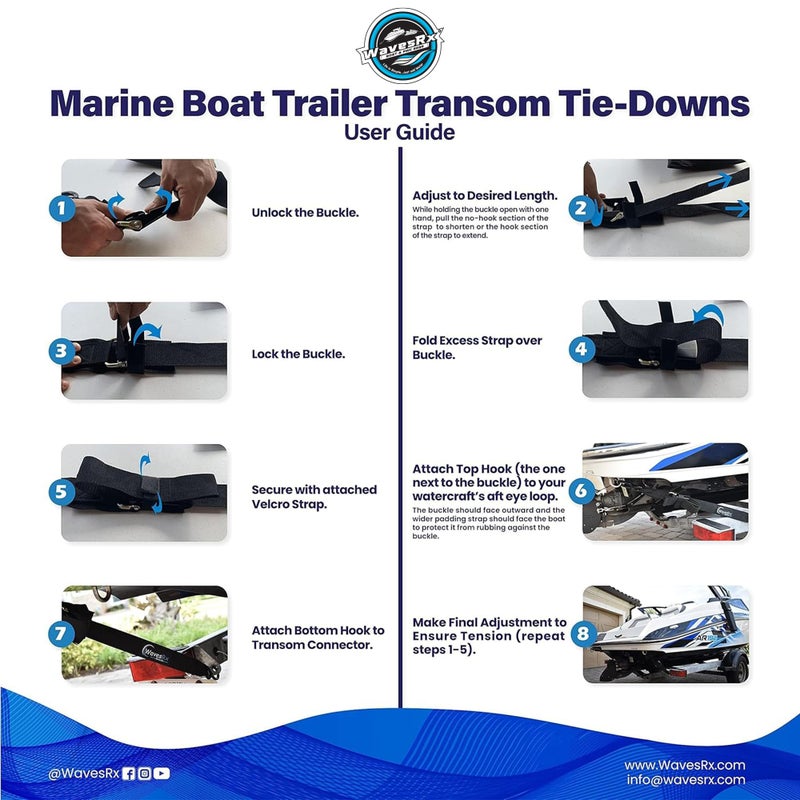 WAVESRX Pontoon & Boat Trailer Transom Straps (2PK) - 48" Tie Down Adjustable Boat Strap for Trailer - Outperforms Ratchet & Retractable Tie-Down Strap - Transom Tiedowns for Secure Transportation - Image 5